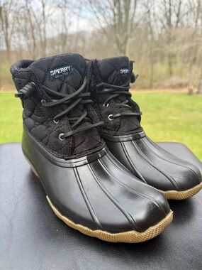 Sperry Kids Black Quilted Duck Boots with Tan Soles